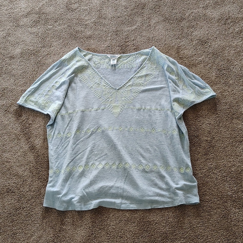Sundance Embroidered Womens Medium Aqua Boxy Lightweight Boho Chic 100% Linen